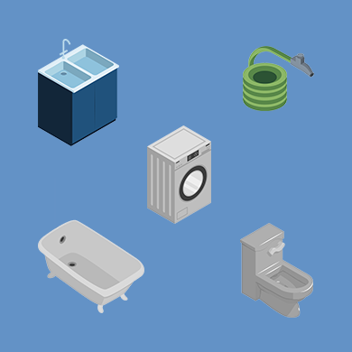 Isometric illustration of a modern bathroom featuring a sink, shower, and toilet in a compact layout